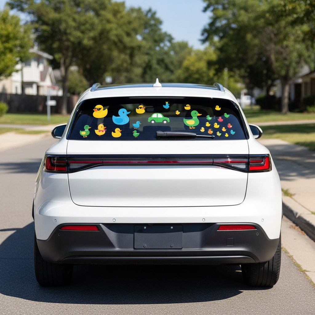 Duck stickers decorating a car rear windshield