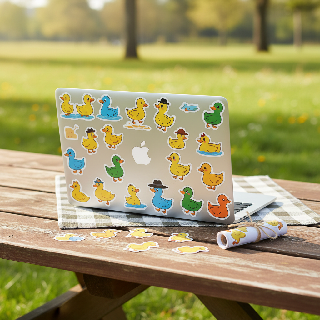Duck stickers decorating a silver laptop
