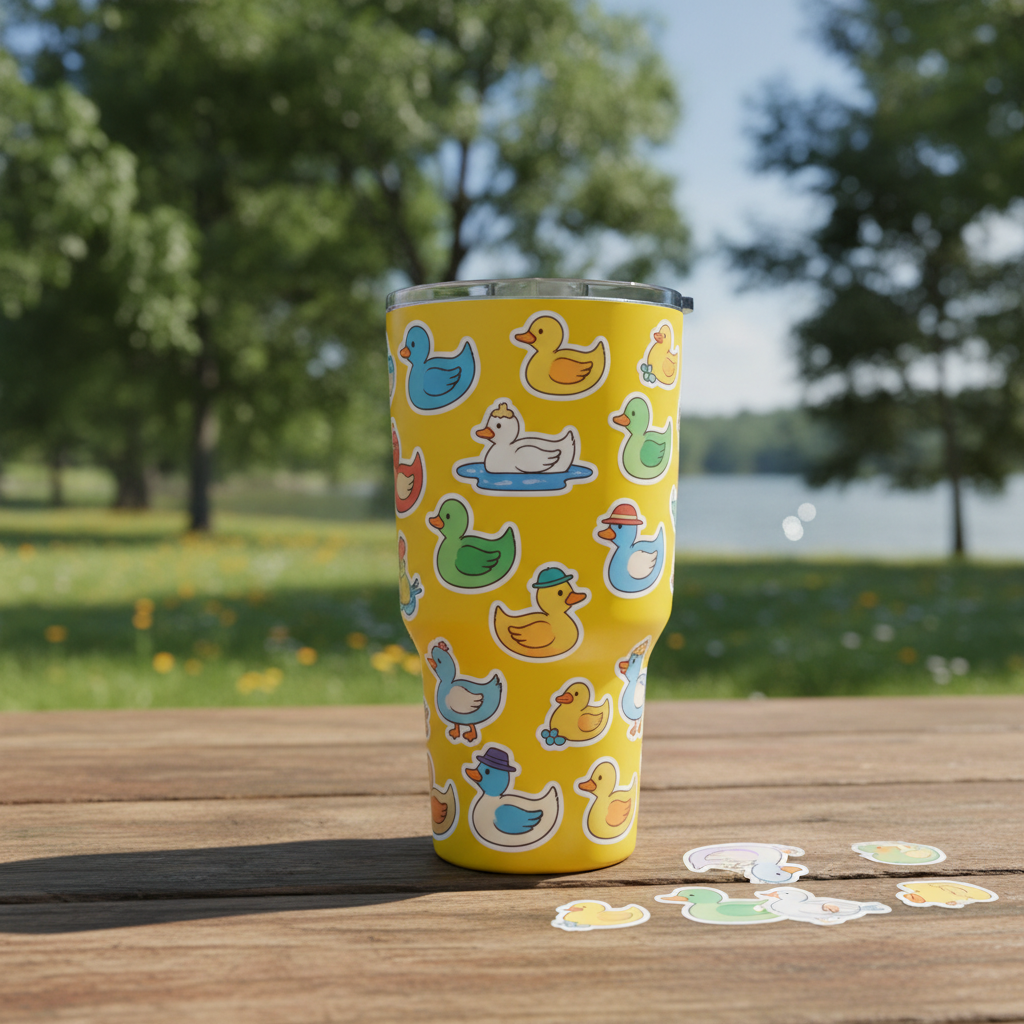 Duck stickers decorating a yellow insulated tumbler